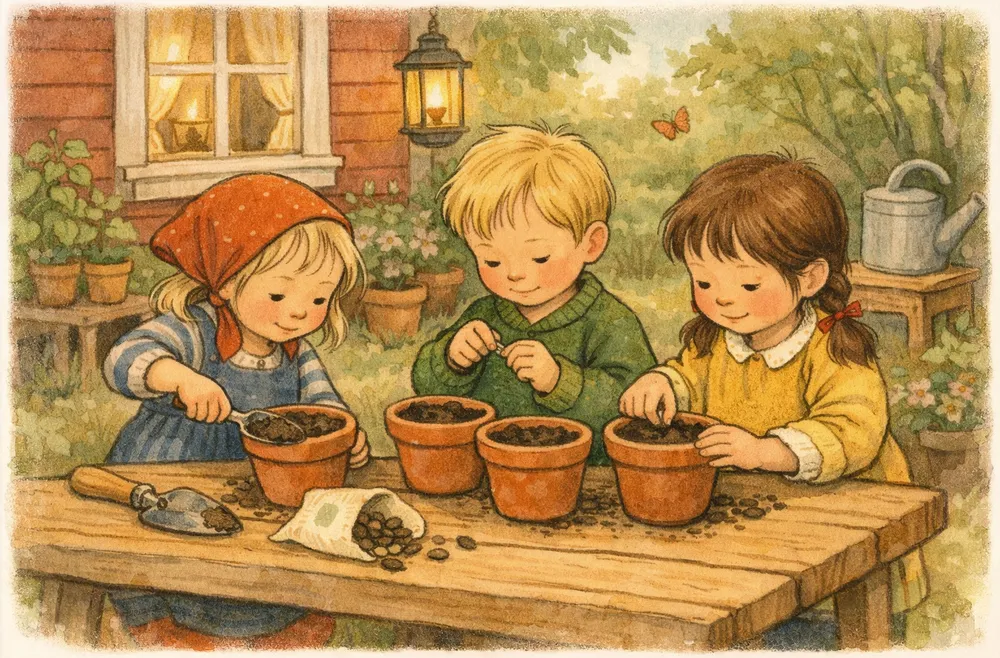 barn som sår frön i jord i krukor i en trädgård en solig dag