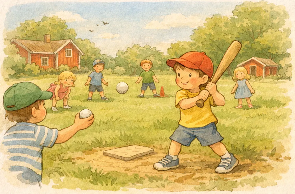 barn som spelar brännboll på en gräsplan en sommardag, ett barn slår med slagträ