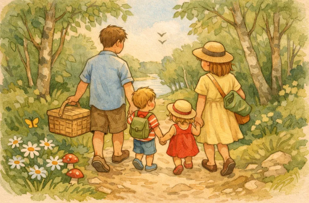 en familj på utflykt med picknickkorg på en stig i naturen en sommardag