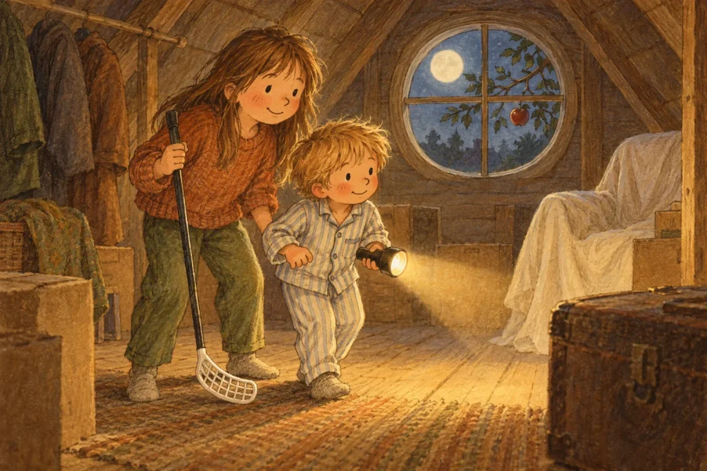En pojke i pyjamas med ficklampa och hans storasyster med en innebandyklubba står på en mysig gammal vind full av flyttlådor i månsken, ett runt gavelfönster med en äppelgren och ett rött äpple utanför, gamla rockar på en stång och ett vitt lakan över en fåtölj i hörnet