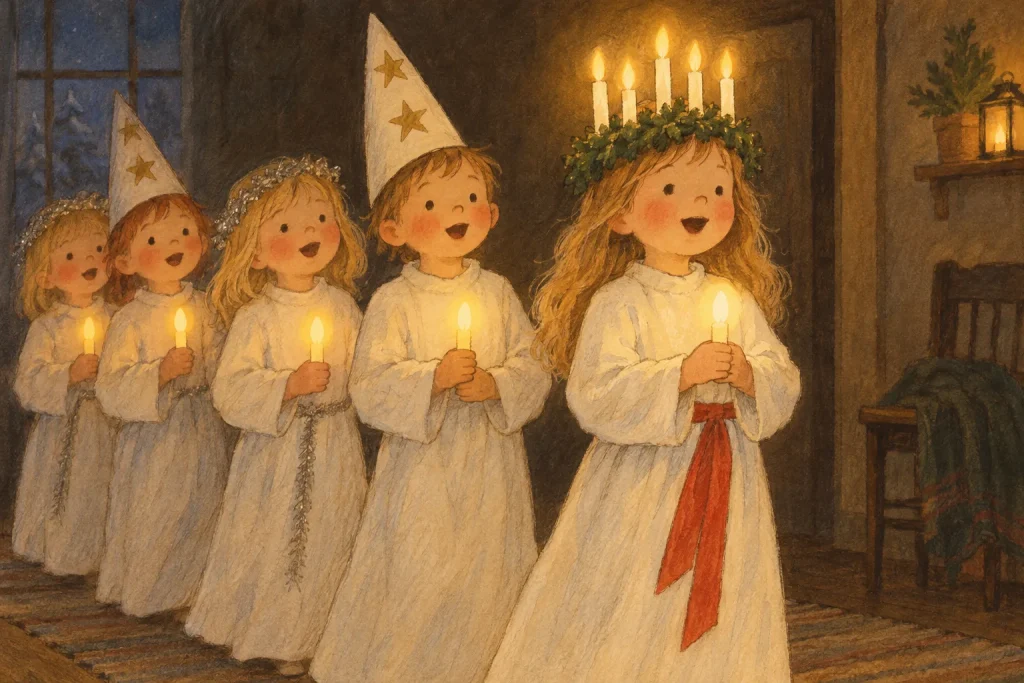 Barn i ett luciatåg med vita linnen och ljus, lucia med ljuskrona först