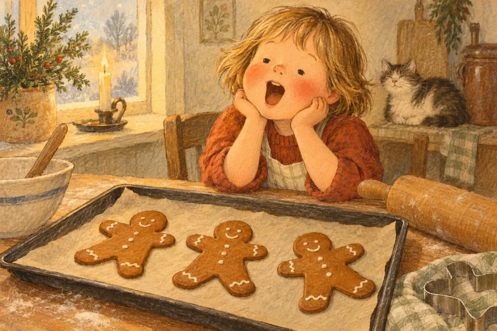 Ett barn sjunger vid en plåt med tre pepparkaksgubbar