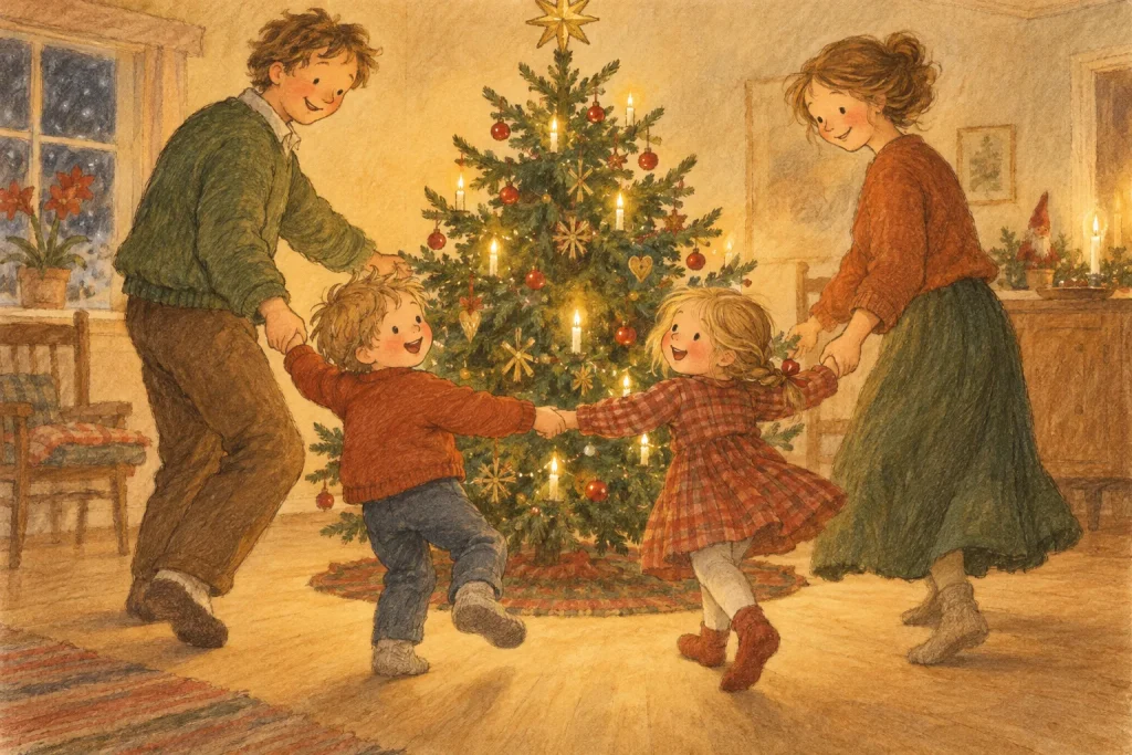 En familj dansar i ring runt julgranen i vardagsrummet