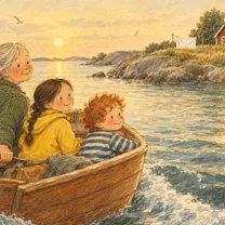 Ines, Valter och farmor åker båt ut till sommarön.