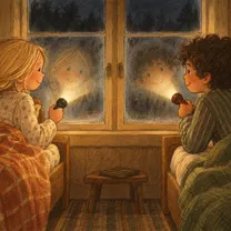 Siri och Amir lyser med ficklamporna mot fönstret mitt i natten.