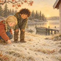 Siri och Amir hittar små fotspår i frosten utanför stugan.