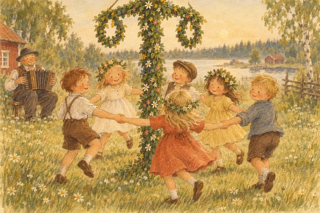 Barn dansar runt midsommarstången