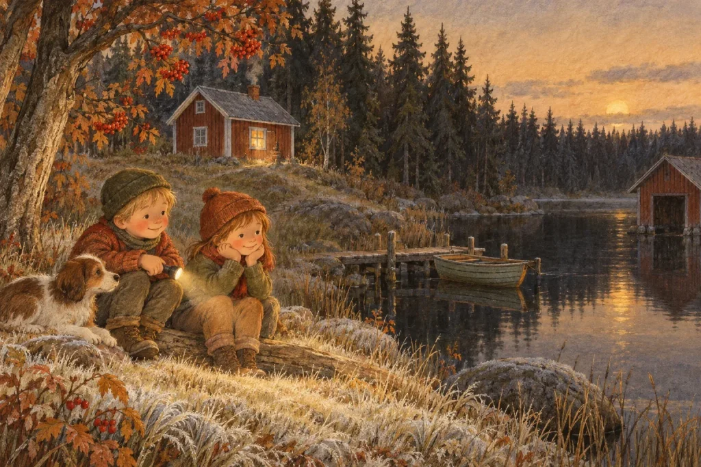 En liten stuga med vita knutar vid en svart skogstjärn bland höga granar en kall höstkväll, ett fönster lyser svagt av en ficklampa, en gammal rönn, en liten brygga med en eka och en båtbod, första frosten på gräset.