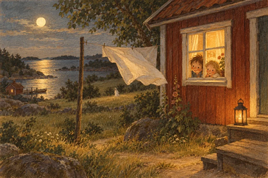 En röd stuga på en ö en månljus sommarnatt, ett lakan fladdrar på tvättlinan och två barn tittar ut genom fönstret mot en liten vit skepnad långt bort på ängen