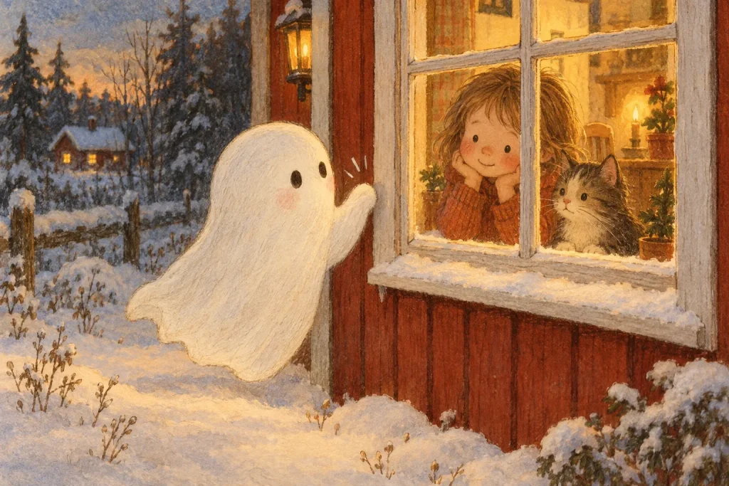 Ett litet vitt spöke, stort som en vante med två runda svarta ögon, svävar i snön utanför ett upplyst fönster på ett litet rött hus vid skogen en vinterkväll, och knackar försiktigt på rutan.