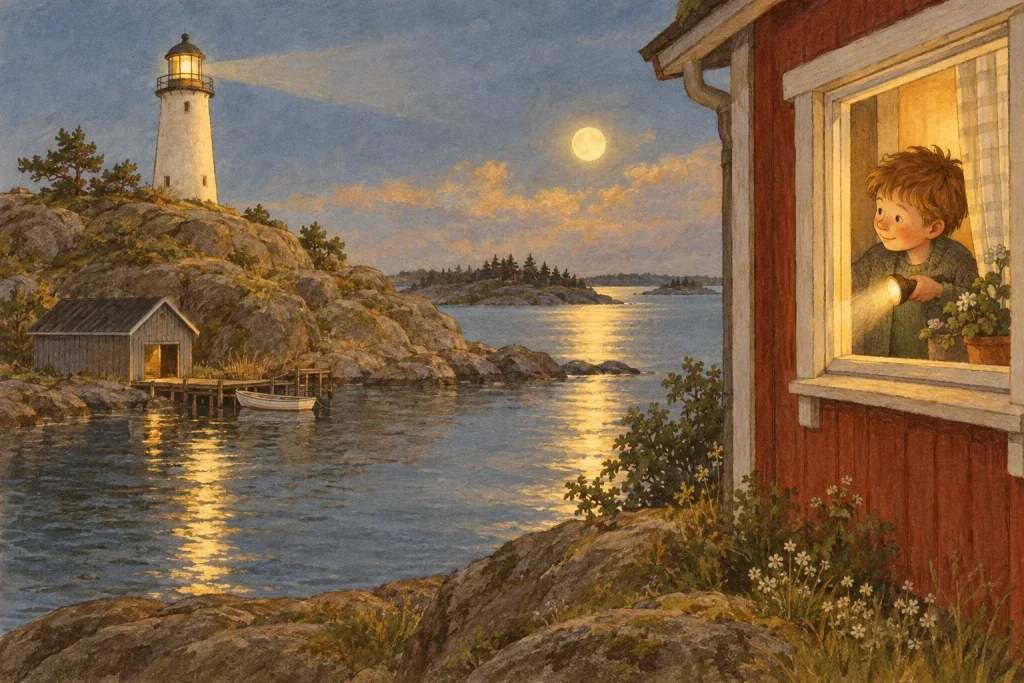 En vit smal fyr på en klippudde i skärgården en ljus sommarnatt, med ett varmt gult ljus högst upp i glaset, ett grått båthus vid vattnet nedanför och en pojke med ficklampa som tittar ut från ett fönster i ett rött hus på andra sidan viken.